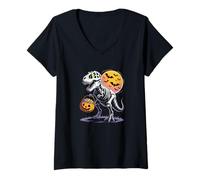 Donna T-Rex Skeleton Haloween Night Pumpkin Bats Moon Fun Maglietta con Collo a V