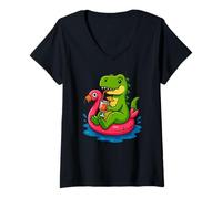 Donna T. Rex su Flamingo Galleggiante Divertente Estate Dinosauro Cartoon Art Maglietta con Collo a V