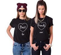 Donna T-Shirt Best Friends BFF Stampa Maglietta Manica Corta Tee Nero Bianco Cotone 1 Pezzo (Nero-Friend-L)