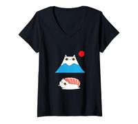 Donna T-Shirt con Gatto Bianco Giapponese Monte Fuji e Sushi Maglietta con Collo a V