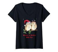 Donna T-Shirt con Gufo Winter Is Better with You Sweet Winter Owls Maglietta con Collo a V