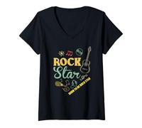 Donna T-Shirt con Scritta Born To Be Rock Star Rock & Roll Chitarra elettrica Maglietta con Collo a V