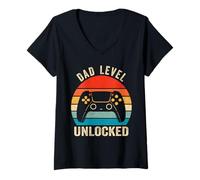Donna T-Shirt con Scritta Dad Level Unlocked Gamer Soon To Be Father Gifts Maglietta con Collo a V