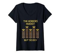 Donna T-shirt con scritta divertente "The Horrors Persist But So Do I" Maglietta con Collo a V