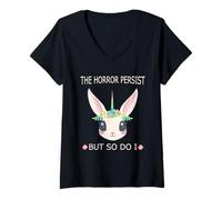Donna T-shirt con scritta divertente "The Horrors Persist But So Do I" Maglietta con Collo a V