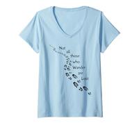 Donna T-Shirt con Scritta in Inglese Not all Those Who Wander Are Lost Hiking Footprints Maglietta con Collo a V