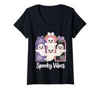 Donna T-Shirt di Halloween Pastello Kawaii Ghost Cute Spooky Vibes Maglietta con Collo a V