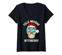 Donna T-Shirt Feliz Navidad Bitchachos, Divertente Teschio di Zucchero Natalizio Maglietta con Collo a V