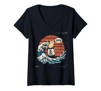 Donna T-Shirt Giapponese Bruh Great Wave Cat Giappone retrò Maglietta con Collo a V