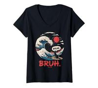 Donna T-Shirt Giapponese Bruh Great Wave Cat Giappone retrò Maglietta con Collo a V