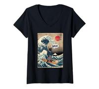 Donna T-Shirt Giapponese Bruh Great Wave Cat Giappone retrò Maglietta con Collo a V
