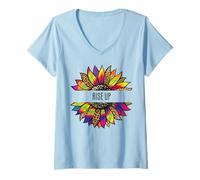 Donna T-Shirt Girasole da Donna con detti Rise Up Maglietta con Collo a V
