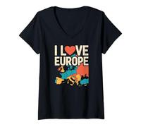Donna T-Shirt Grafica con Mappa di Viaggio I Love Europe Maglietta con Collo a V
