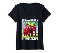 Donna T-Shirt per Bambini con Elefante e Fragola Maglietta con Collo a V