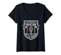 Donna T-Shirt Stile Escudo - Feliz Día de la Mujer Emblema Retro Maglietta con Collo a V