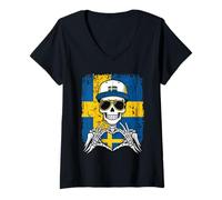 Donna T-Shirt Sweden Pride Skeleton Art Maglietta con Collo a V