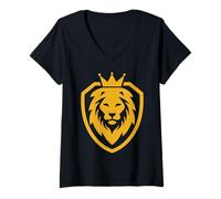 Donna T-Shirt The King Lion Shield, Wild Lion Graphic Design Logo Maglietta con Collo a V
