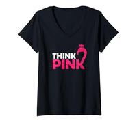 Donna T-shirt Think Pink Consapevolezza del cancro al seno Maglietta con Collo a V