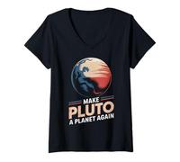 Donna T-Shirt Vintage con Scritta Make Pluto a Planet Again Distressed Maglietta con Collo a V