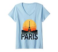 Donna T-Shirt Vintage con Torre Eiffel di Parigi Francia e Tramonto Souvenir Maglietta con Collo a V
