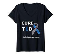 Donna T1D Cure Type 1 Diabetes Awareness Blue Ribbon Diabetic Maglietta con Collo a V