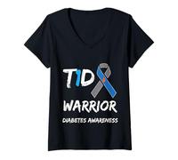 Donna T1D Warrior Type 1 Diabetes Awareness Blue Ribbon Maglietta con Collo a V
