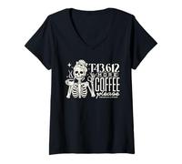 Donna T43.612 più caffè Prego Medico Coder Skeleton Halloween Maglietta con Collo a V