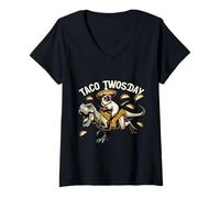 Donna Taco Divertente Twosday umoristico Gatto Siamese Chef T-Rex Tacos Maglietta con Collo a V