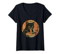 Donna Tagliatelle di ramen con gatto - Design artistico giapponese Kawaii Maglietta con Collo a V