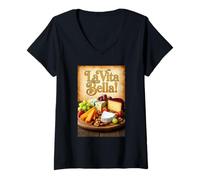 Donna Tagliere per Formaggi La Bella Vita Maglietta con Collo a V