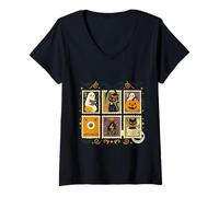 Donna Taglio Halloween Gatto e Fantasma Postage Art Maglietta con Collo a V