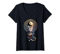 Donna Tai Chi Gatto Yin Yang Fiore della Vita Arti Marziali Gattino Maglietta con Collo a V