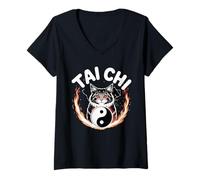 Donna Tai Chi Gatto Yin Yang Fiore della Vita Arti Marziali Gattino Maglietta con Collo a V