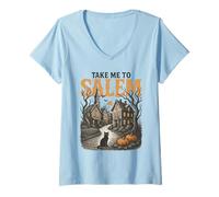 Donna Take Me to Salem Massachusetts Vintage Retro Halloween Witch Maglietta con Collo a V