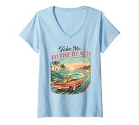 Donna Take Me To The Beach Retro Tramonto Drive Maglietta con Collo a V