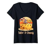 Donna Takin' it Cheesy Mouse con Formaggio su Una Spiaggia Divertente Surf Gioco di Parole Maglietta con Collo a V