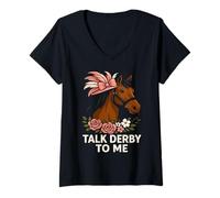 Donna Talk Derby To Me - Cappello da corsa di cavalli con rose floreali e fiocco vintage Maglietta con Collo a V