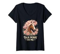 Donna Talk Derby To Me Funny Derby Horse with Hat, Roses & Charm Maglietta con Collo a V