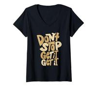 Donna Tan Don't Stop Get It (X2) Grafica a Colori Marrone Chiaro Maglietta con Collo a V