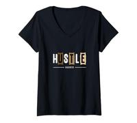 Donna Tan Hustle Harder Tan Grafica a Colori Maglietta con Collo a V