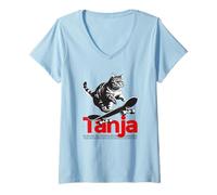 Donna TANJA - Bellissimo nome di ragazza con gatto e skateboard Maglietta con Collo a V