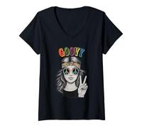Donna Targa della pace stile hippie anni '70 Groovy 70's Tie Dye in stile retrò Maglietta con Collo a V