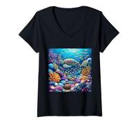 Donna Tartaruga Fantasy Coral Reef Maglietta con Collo a V