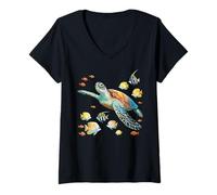 Donna Tartaruga marina che nuota con pesci tropicali Ocean Reef Art Maglietta con Collo a V