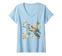 Donna Tartaruga marina che nuota con pesci tropicali Ocean Reef Art Maglietta con Collo a V