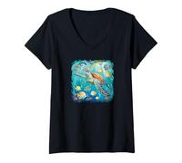 Donna Tartaruga marina che nuota con pesci tropicali Ocean Reef Art Maglietta con Collo a V
