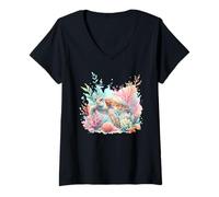 Donna Tartaruga oceanica circondata da Scena Corallo Maglietta con Collo a V