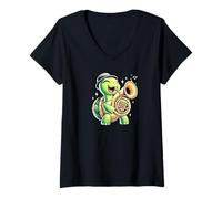 Donna Tartaruga Suonare Sousaphone Tuba Divertente Musica Band Maglietta con Collo a V