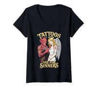 Donna Tattoos Are for Sinners Tatuaggio Divertente Diavolo Angelo Tatuaggio Maglietta con Collo a V