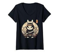 Donna Tatuaggio Giapponese Samurai Ninja Coniglio Arte Giapponese Kawaii Maglietta con Collo a V
